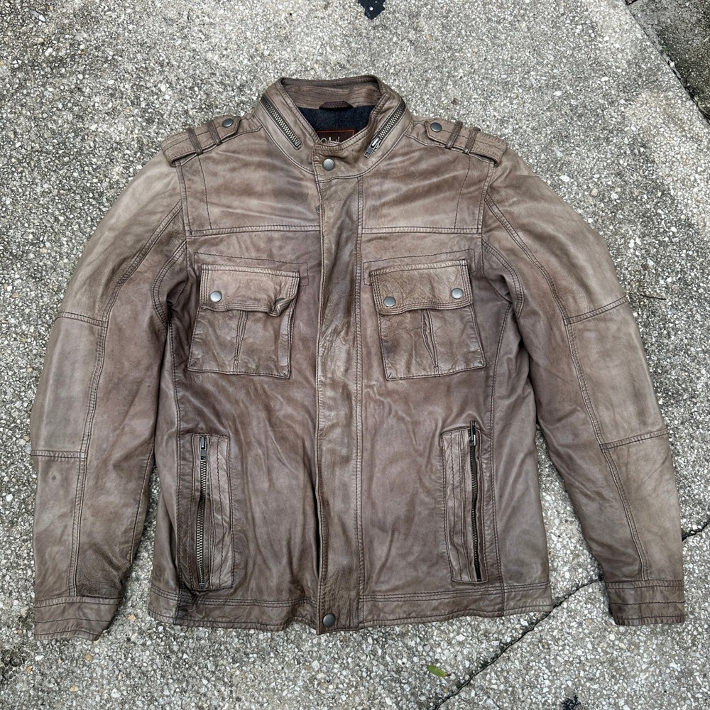 Cole Haan Mens Genuine Lambskin Leather Moto Jacket Brown Small 53SVX1040
